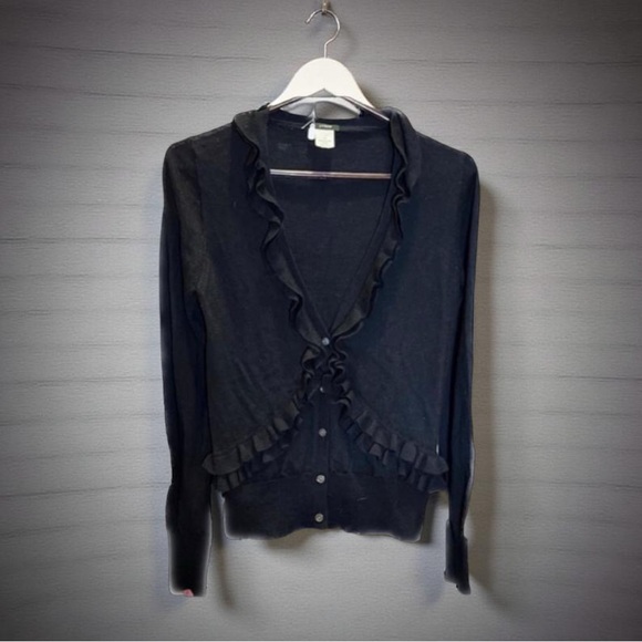 J. Crew Black wool with Ruffles from and back cardigan Size medium - Picture 2 of 11